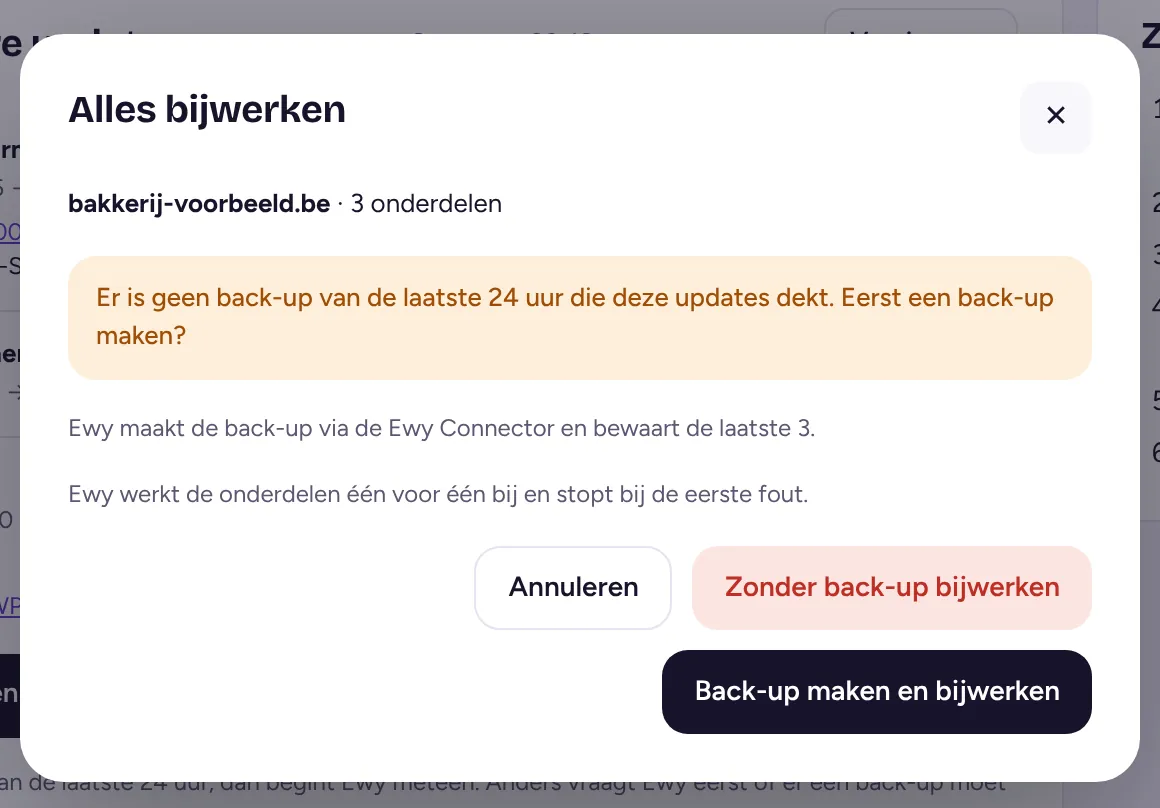 Venster Alles bijwerken in Ewy met de keuze om eerst een back-up te maken