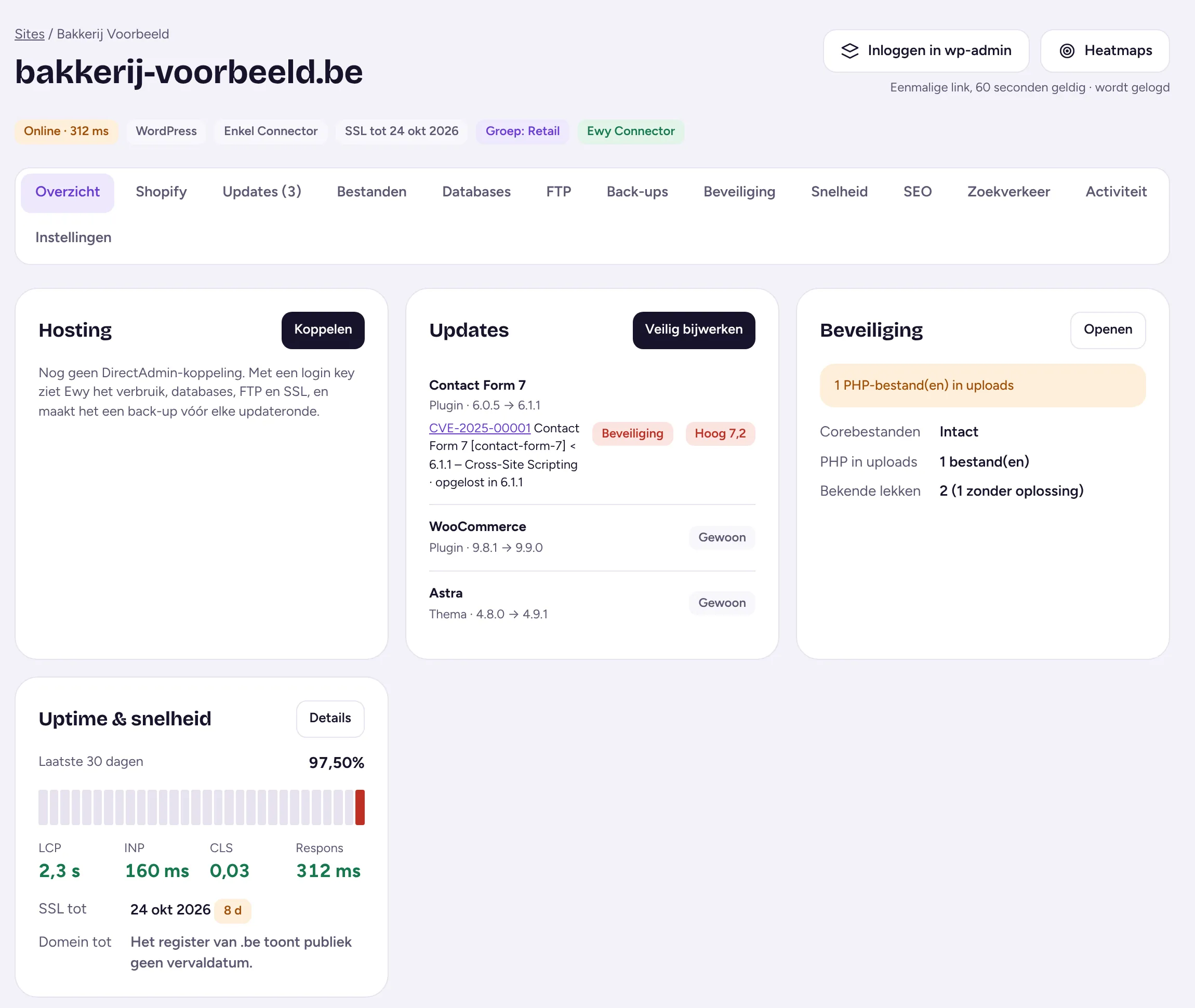 Overzicht van een site in Ewy met hosting, updates, beveiliging en uptime