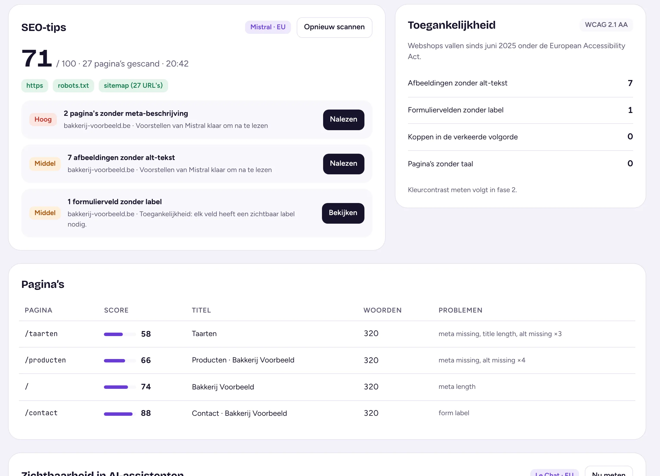 SEO-tips in Ewy met score 71 op 100, verbeterpunten en toegankelijkheid per pagina