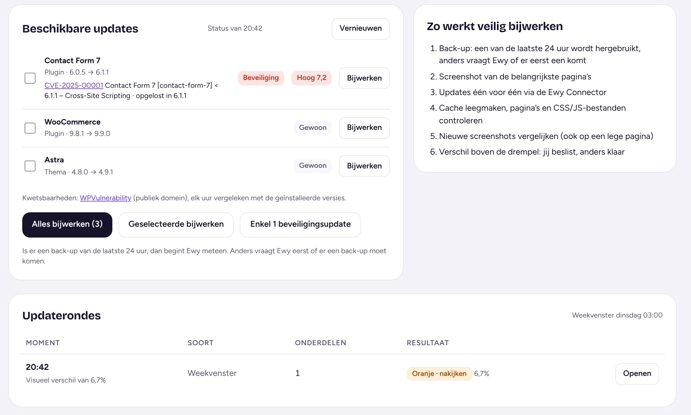 Scherm Updates in Ewy met beschikbare plugin-updates en de stappen voor veilig bijwerken